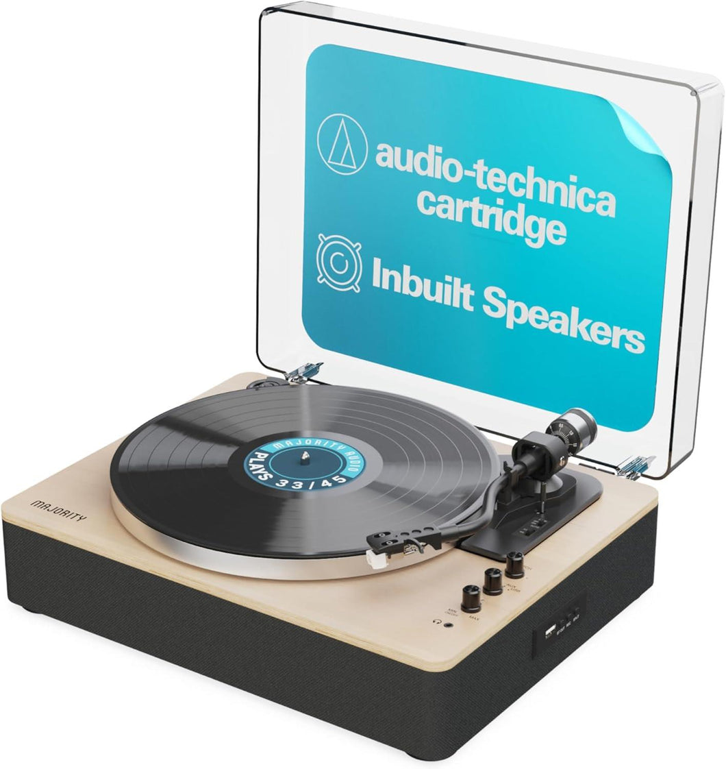 Refurbished Majority Folio 𝗕𝗘𝗟𝗧 𝗗𝗥𝗜𝗩𝗘 𝗥𝗘𝗖𝗢𝗥𝗗 𝗣𝗟𝗔𝗬𝗘𝗥 𝗪𝗜𝗧𝗛 𝗕𝗟𝗨𝗘𝗧𝗢𝗢𝗧𝗛 | Wooden Home Audio Vinyl Player with Integrated Stereo Speakers | USB Recording & Playback, AT3600L Cartridge, and Auto Stop Function | Majority Folio Tu