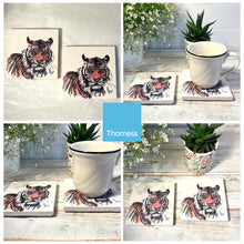 Load image into Gallery viewer, 2 x TIGER STONE COASTERS | Stone Coasters | Animal novelty gift | Coaster for glass, mugs and cups| Square coaster for drinks | Tiger gift | Meg Hawkins art | 10cm x 10cm

