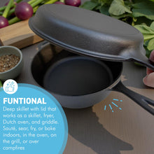 Load image into Gallery viewer, 𝗖𝗔𝗦𝗧 𝗜𝗥𝗢𝗡 𝗦𝗞𝗜𝗟𝗟𝗘𝗧 &amp; 𝗟𝗜𝗗 3.3L – Combo Cooker for Oven, Hob and campfires.
