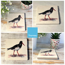 Load image into Gallery viewer, OYSTER CATCHER STONE COASTER | Stone Coasters | Animal novelty gift | Coaster for glass, mugs and cups| Square coaster for drinks | Beach gift | Meg Hawkins art | 10cm x 10cm
