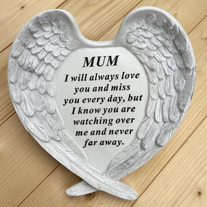 Angel Wings Memorial Ornament: Textured, Detailed Love Heart Plaque for Mum's Garden/Grave