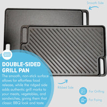 Load image into Gallery viewer, 𝗗𝗢𝗨𝗕𝗟𝗘-𝗦𝗜𝗗𝗘𝗗 𝗖𝗔𝗦𝗧 𝗜𝗥𝗢𝗡 𝗚𝗥𝗜𝗗𝗗𝗟𝗘 Pan 46x26cm, Reversible Non-Stick Grill Skillet for BBQ, Oven, Gas &amp; Electric Hob, Rectangular Pan with Handles
