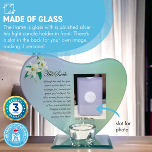 HIS SMILE GLASS MEMORIAL CANDLE HOLDER AND PHOTO FRAME | thinking of you gifts | Dad memorial gift | memory gifts for Pops, Father, Dad, Granddad, Grandfather