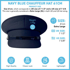 Size 61cm | X Large Navy Blue Chauffeur Style Peaked Cap | Traditional style ideal for weddings, school proms and special events| Driving Cap | UK size 7 1/2 | US size 7 5/8