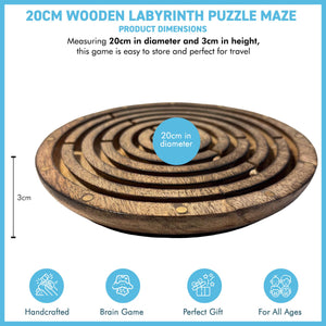 20cm Diameter Wooden Labyrinth Maze Puzzle Board Game with 3 Silver Ball bearings