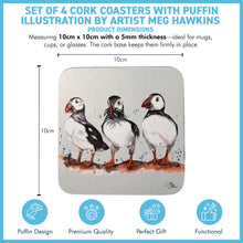 Load image into Gallery viewer, Set of 4 x Cork Coasters with Watercolour Design of Puffins, Wildlife Coaster
