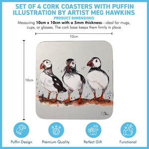 Set of 4 x Cork Coasters with Watercolour Design of Puffins, Wildlife Coaster