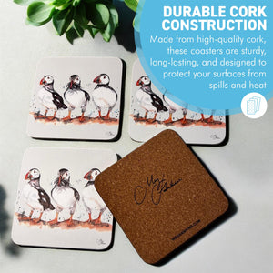 Set of 4 x Cork Coasters with Watercolour Design of Puffins, Wildlife Coaster