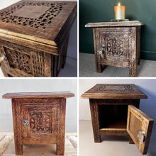 Load image into Gallery viewer, Folding Wooden Side Table with lockable storage, Decorative Wooden Side Table with cutwork detail, Bedside Table
