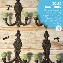 Load image into Gallery viewer, Set of 4 𝗙𝗥𝗘𝗡𝗖𝗛 𝗦𝗧𝗬𝗟𝗘 𝗖𝗔𝗦𝗧 𝗜𝗥𝗢𝗡 𝗗𝗢𝗨𝗕𝗟𝗘 𝗛𝗢𝗢𝗞𝗦 – Lime Green Ceramic Tops, Wall Coat Hooks for Hallway, Cloakroom, Bedroom
