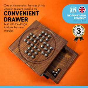 WOODEN SOLITAIRE WITH DRAWER FOR STORING THE METAL MARBLES| Travel games | Wooden Games | Strategic Games | Traditional Games Loved by Adults