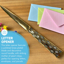Load image into Gallery viewer, Mother of Pearl inlaid Letter Opener with polished brass finish, Decorative Envelope Opener for school, home, or office use
