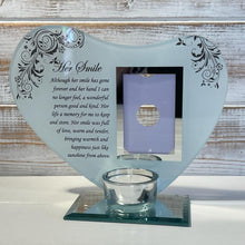 Load image into Gallery viewer, Her Smile: Inspirational Poem &amp; Candle Holder Glass Memorial Plaque - Timeless Tribute and Photo Frame
