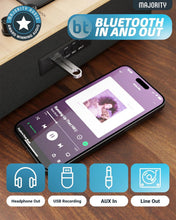 Load image into Gallery viewer, Refurbished Majority Folio 𝗕𝗘𝗟𝗧 𝗗𝗥𝗜𝗩𝗘 𝗥𝗘𝗖𝗢𝗥𝗗 𝗣𝗟𝗔𝗬𝗘𝗥 𝗪𝗜𝗧𝗛 𝗕𝗟𝗨𝗘𝗧𝗢𝗢𝗧𝗛 | Wooden Home Audio Vinyl Player with Integrated Stereo Speakers | USB Recording &amp; Playback, AT3600L Cartridge, and Auto Stop Function | Majority Folio Tu
