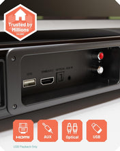 Load image into Gallery viewer, Refurbished Majority Oakcastle SB80 SPLIT SOUND BAR FOR TV | 120W 2.2 Channel Bluetooth Soundbar with HDMI ARC, Optical, AUX &amp; USB Playback | Home Cinema TV Speakers with Wall Mount &amp; Remote
