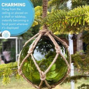 DEEP GREEN GLASS FISHING FLOAT ORNAMENTAL SEA BUOY | hand blown | nautical seafaring fishing rustic décor | 10cm diameter | with rustic brown string netting and hanging loop