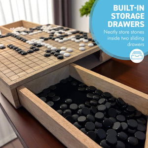 𝟯𝟬𝗖𝗠 𝗪𝗢𝗢𝗗𝗘𝗡 𝗚𝗢 𝗕𝗢𝗔𝗥𝗗 𝗦𝗘𝗧 with Storage Drawers and Plastic Stones – Classic Chinese Strategy Game
