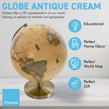 Load image into Gallery viewer, ANTIQUE CREAM GLOBE | Globes of the world | World globe for adults | Earth globe | Desk ornament | Explorers gift | World globe | 25cm (D) x 25cm (W) x 30 cm (H)
