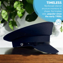 Load image into Gallery viewer, Navy Blue Chauffeur&#39;s Cap,  Classic Round-Domed Hat, High-Quality Polyester, PVC Band, Leatherette Sweatband, Size 57cm,  Ideal for Professional &amp; Elegant Look
