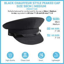 Load image into Gallery viewer, Size 58cm |Medium  Black Chauffeur Style Peaked Cap | Traditional style ideal for weddings, school proms and special events| Driving Cap | UK size 7 1/8 | US size 7 1/4
