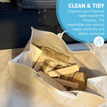 Load image into Gallery viewer, 𝗟𝗔𝗥𝗚𝗘 𝗛𝗘𝗦𝗦𝗜𝗔𝗡 𝗙𝗜𝗥𝗘𝗪𝗢𝗢𝗗 𝗖𝗔𝗥𝗥𝗜𝗘𝗥 𝗕𝗔𝗚 𝟲𝟯𝘅𝟮𝟵𝘅𝟰𝟬𝗰𝗺 | Log Holder Tote Bag with 2 Handles | Fireplace Wood Storage | Fireside Accessories
