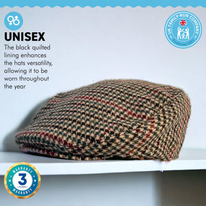 Unisex 58cm M/L TWEED Flat Cap |Mixed Wool Polyester Green Tweed Country Cap | Tweed Hat | Peaked Cap | Black Quilted Lining