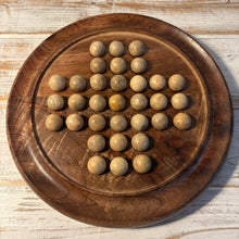 Load image into Gallery viewer, Handmade 𝗪𝗢𝗢𝗗𝗘𝗡 𝗦𝗢𝗟𝗜𝗧𝗔𝗜𝗥𝗘 𝗚𝗔𝗠𝗘 Board with Solid Wooden Marbles 22cm – Classic Strategy Board Game, Family Game, Unique Home Decor
