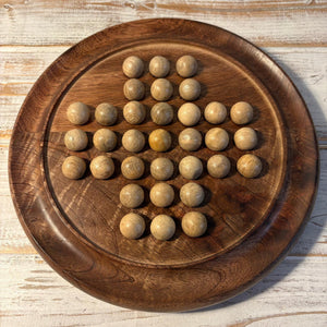 Handmade 𝗪𝗢𝗢𝗗𝗘𝗡 𝗦𝗢𝗟𝗜𝗧𝗔𝗜𝗥𝗘 𝗚𝗔𝗠𝗘 Board with Solid Wooden Marbles 22cm – Classic Strategy Board Game, Family Game, Unique Home Decor