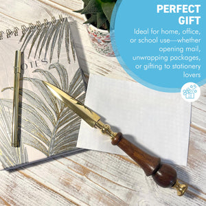 Brass Letter Opener with wooden round handle, Large Envelope Opener for school, home, or office use