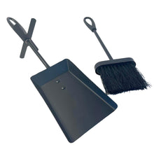 Load image into Gallery viewer, FIRESIDE BRUSH and  PAN shovel set | Tidy clean log burner stove | Powder coated black finish | Built-in stand | Hearth Iron Fireside Tidy Set | Bannister set
