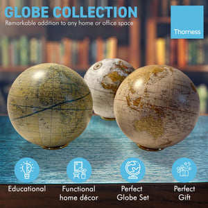 Set Of three Globes with individual display stands | Exploration globes desk set | Each 10cm in diameter | Presented in gift packaging | showcase different cartographic styles