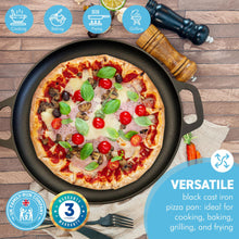 Load image into Gallery viewer, Black Cast Iron 14” Pizza Pan | Skillet for cooking | Baking and grilling | Long lasting and durable | Even heating
