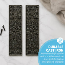Load image into Gallery viewer, Set of 2 Aztec Ornate Antique Iron Push Finger Plates – Traditional Cast Iron Door Protection
