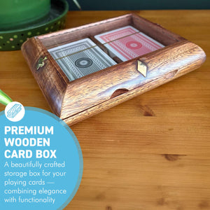 𝗟𝗨𝗫𝗨𝗥𝗬 𝗪𝗢𝗢𝗗𝗘𝗡 𝗣𝗟𝗔𝗬𝗜𝗡𝗚 𝗖𝗔𝗥𝗗 𝗕𝗢𝗫 – 2 Decks, Brass Inlay, clear hinged lid