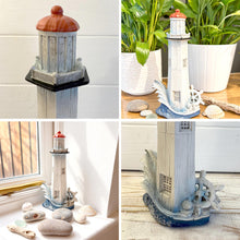 Load image into Gallery viewer, The 22cm Painted Lighthouse – Wood-Effect Finish with a Ship’s Wheel
