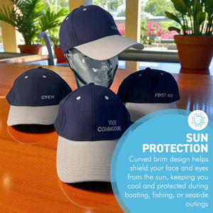 Set of 4 Adjustable Navy-Blue Baseball Caps, Commodore, Engineer, First Mate and Crew, Nautical Boating Hats for Sailing, Yachting & Team Uniform