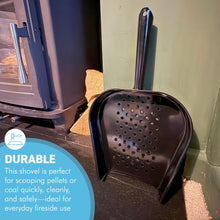 Load image into Gallery viewer, 𝗘𝗡𝗔𝗠𝗘𝗟𝗟𝗘𝗗 𝗦𝗧𝗘𝗘𝗟 𝗪𝗢𝗢𝗗𝗙𝗜𝗥𝗘 𝗣𝗘𝗟𝗟𝗘𝗧 &amp; 𝗖𝗢𝗔𝗟 𝗦𝗛𝗢𝗩𝗘𝗟 – High Gloss Black Metal Scoop| 35.5cm (L) | Dust-Free | Easy Scooping | Durable | BBQ cooking
