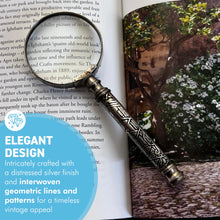 Load image into Gallery viewer, Vintage Silver Handheld Magnifier with geometric patterned handle, perfect for reading, crafting and precision work
