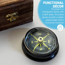 Load image into Gallery viewer, Floating Brass Compass Paperweight in wooden presentation box
