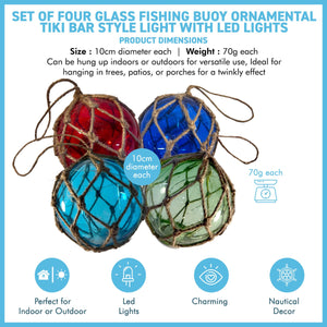 Set of 4 Glass Fishing Buoys Tiki Bar Lights with LED Lights, Nautical-Style Ornaments for Home Decor