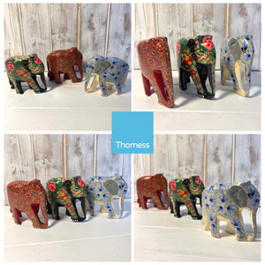 SET OF THREE PAPER MACHE ELEPHANT ORNAMENTS | Animal Decorations | Wildlife Sculptures | Paper Mache Animals | Multi coloured | Home Decor | Elephants represent Good Luck