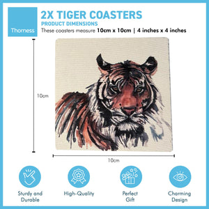 2 x TIGER STONE COASTERS | Stone Coasters | Animal novelty gift | Coaster for glass, mugs and cups| Square coaster for drinks | Tiger gift | Meg Hawkins art | 10cm x 10cm