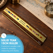 Load image into Gallery viewer, The Code Flag Ruler – Solid Teak with an Inlaid Brass Panel, 15cm
