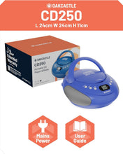 Load image into Gallery viewer, 𝗣𝗢𝗥𝗧𝗔𝗕𝗟𝗘 𝗕𝗟𝗨𝗘𝗧𝗢𝗢𝗧𝗛 𝗖𝗗 𝗕𝗢𝗢𝗠𝗕𝗢𝗫 with FM radio | CD, CD-R, CD-RW | 30 Presets | Easy Controls, LED Display, Headphone Jack | OAKCASTLE CD250 (Blue)
