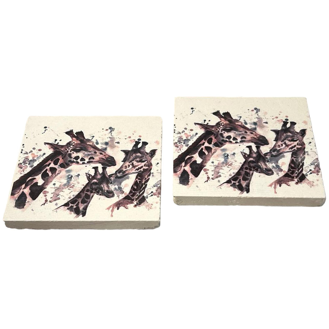 2 x GIRAFFE STONE COASTERS | Stone Coasters | Animal novelty gift | Coaster for glass, mugs and cups| Square coaster for drinks | Giraffe gift | Meg Hawkins art | 10cm x 10cm
