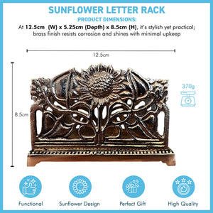 Art Nouveau Style Polished Brass Sunflower Letter Rack – Decorative Notelet & Letter Holder for Home or Office