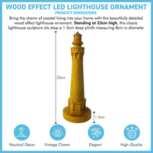 Wood Effect Lighthouse Ornament – 23cm Tall Lighthouse for Coastal Decor