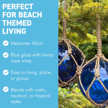 Load image into Gallery viewer, TWO DEEP BLUE GLASS FISHING FLOAT ORNAMENTAL SEA BUOY | hand blown | nautical seafaring fishing rustic décor | 10cm diameter | with rustic brown string netting and hanging loop | Japanese style glass fishing floats
