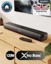 Load image into Gallery viewer, Majority 𝗕𝗟𝗨𝗘𝗧𝗢𝗢𝗧𝗛 𝗦𝗢𝗨𝗡𝗗𝗕𝗔𝗥 for TV | 2.1 Channel 3D Surround Sound | Wireless &amp; Wall Mountable | HDMI ARC, AUX, Optical, USB Playback, Remote &amp; Brackets Included | Naga 60
