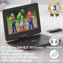 Load image into Gallery viewer, 17.5&quot; Portable DVD Player | Rechargeable DVD Player Portable with 15.6 inch HD Swivel and Flip Screen | Mains or Car Powered, Region Free, Anti-Shock Protect, Remote Control | Oakcastle DVD175
